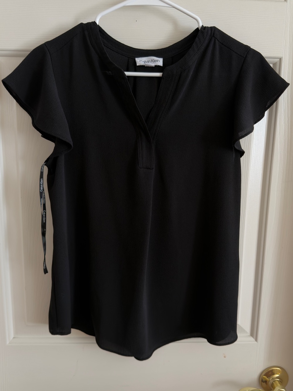 Calvin Klein Black Flutter-Sleeve Split-Neck Blouse
